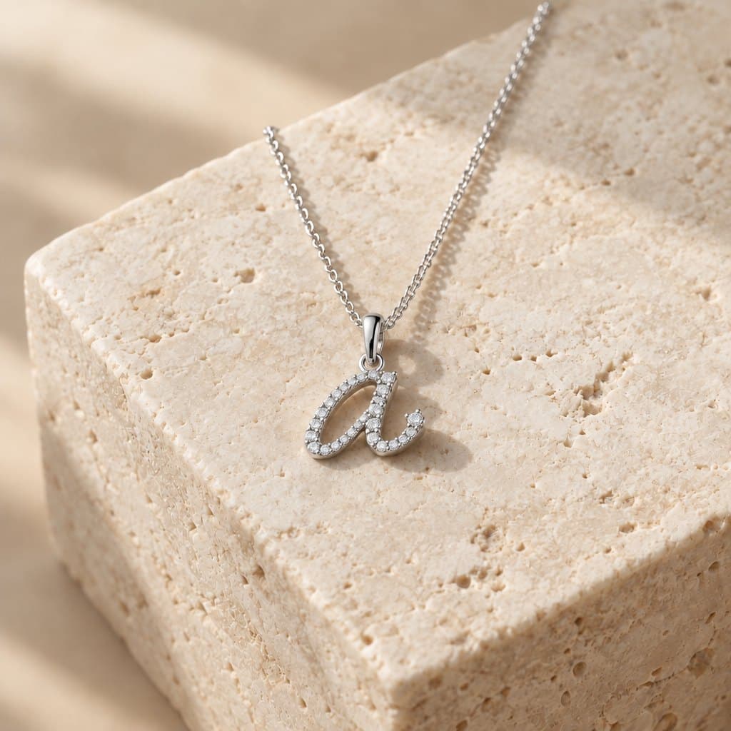 Design render of the Initial diamond script initial pendant (a–z)