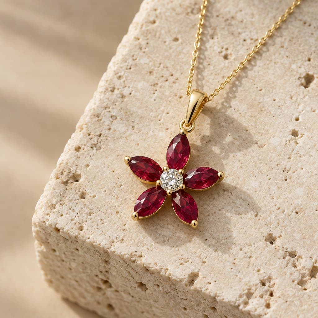 Design render of the Scarlet Pendant ruby flower pendant
